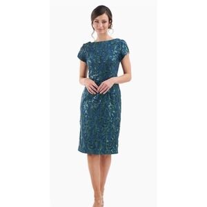 JS Collections Fiona Dress Sz 10 Green Sequin Floral Embroidered Sheath